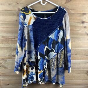 Ali Miles Womens Shirt Long Sleeve Patchwork Floral Sequin Knit Art To Wear 2X